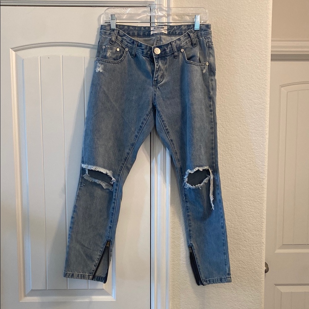 One Teaspoon Low Rise 7/8 Skinng Leg Distressed Jeans w/ Zipper Detail, 27